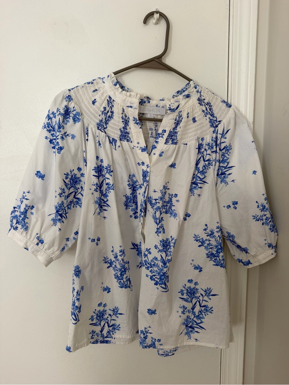 White and Blue Floral Peasant Top